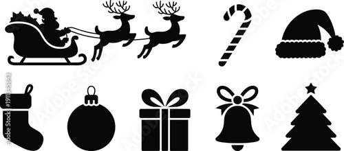 Collection of Christmas holiday icons featuring Santa Claus in sleigh with reindeer festive ornaments and cool Santa wearing sunglasses silhouettes
