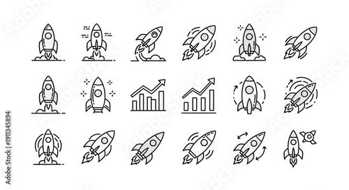Collection of line-style rocket icons depicting startup growth, business launch, and innovation, with various designs and poses on a plain white background.