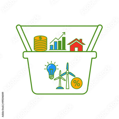 Exchange Traded Fund ETF Basket Icon Containing Various Assets for Investment Flat Vector Illustration