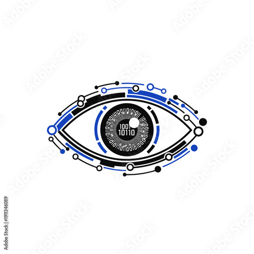 Digital Eye Icon Constructed from Data Lines for Computer Vision Technology Flat Vector Illustration