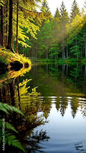 Sunlit green forest trees perfectly reflected in a calm lake.