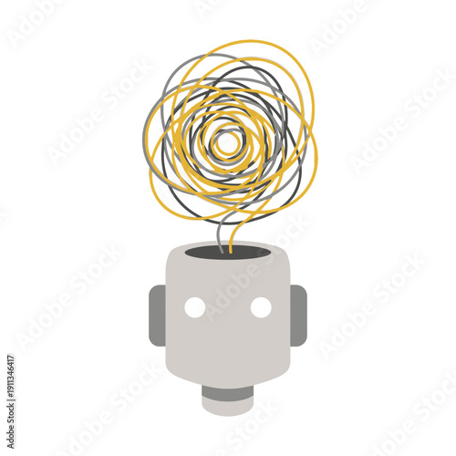 AI Hallucination Concept Robot Head Thinking of Confused Spiral and Error Flat Vector Illustration