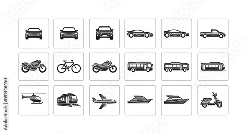 Collection of various transportation vehicles and modes of transport.