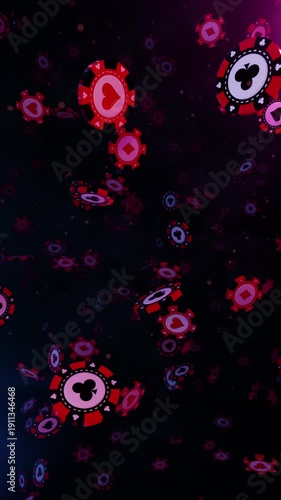 Casino Chips Set In The Air, A dynamic 3D motion render of casino chips colorful chips spinning and tumbling, perfect for casino promo film or gambling documentary.