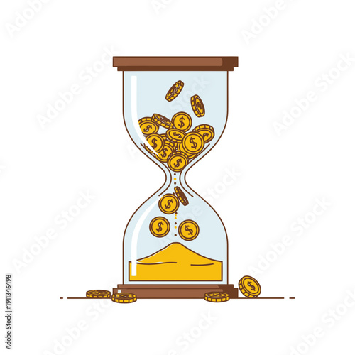 Hourglass with Gold Coins Falling Through for Time is Money Business Concept Flat Vector Illustration