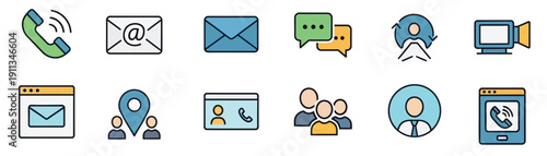 Collection of various communication and technology icons in a cartoon style