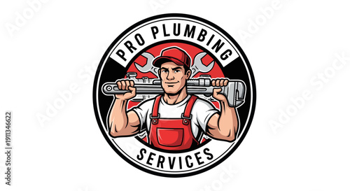 Professional plumber holding a large wrench over his shoulders.