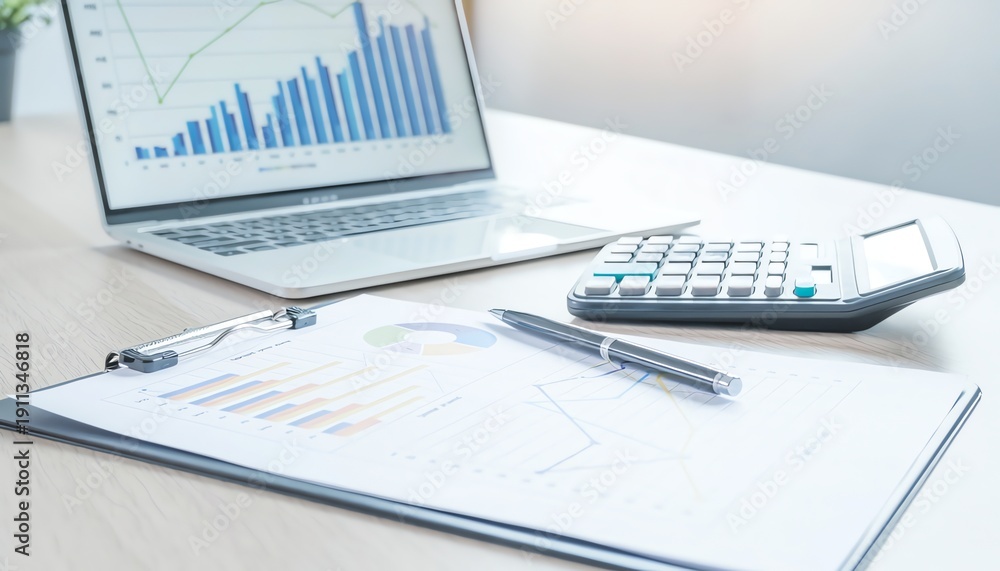 Obraz premium Modern digital financial analytics workspace with charts, tablet, laptop, calculator, and graphs for business planning, data analysis, and investment strategy.