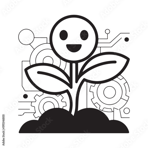 A stylized illustration depicts a plant with a face growing from mechanical components and soil