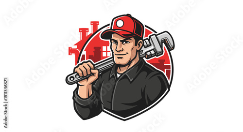 Professional Plumber Holding Large Wrench Ready for Work.