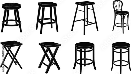 Comprehensive set of bar stool silhouettes and chair icons including wooden counter stools tall cafe seating and bistro furniture collection