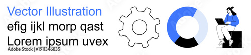 Technology, data analysis, productivity, teamwork, digital workflows, automation. Gear, pie chart and individual using a laptop. Technology and data analysis concepts visually