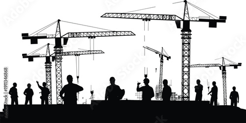 Construction site silhouette with industrial tower cranes and engineers working on building structure isolated on white background for architectural design
