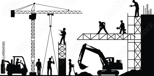 Construction site silhouette with industrial tower cranes heavy machinery and engineers building a city structure isolated on white background for architectural design