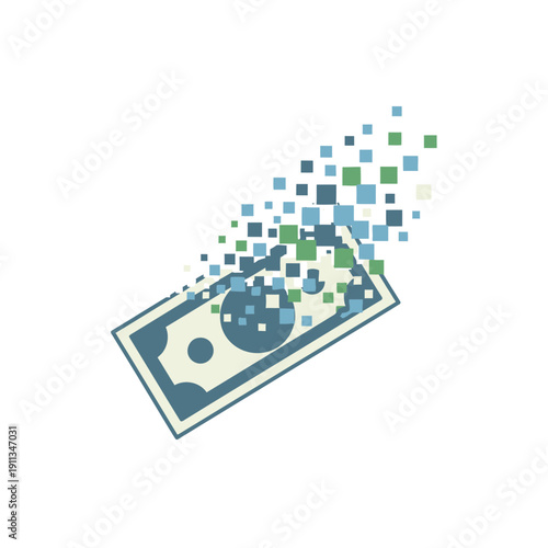 Paper bill turning into digital pixels for digitization of money and electronic currency.