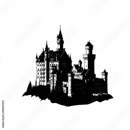 Black silhouette of a fairytale castle on a white background