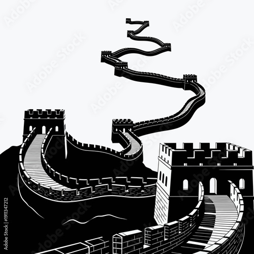 Great Wall of China illustration, black and white, ancient fortification
