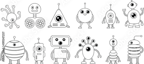 Cute robot and alien character collection set featuring various friendly space creatures and mechanical droids in black and white line art style