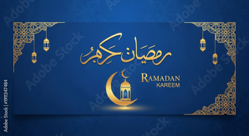 Ramadan kareem greeting card with arabic calligraphy crescent moon lantern and gold ornaments on blue background for muslim holiday