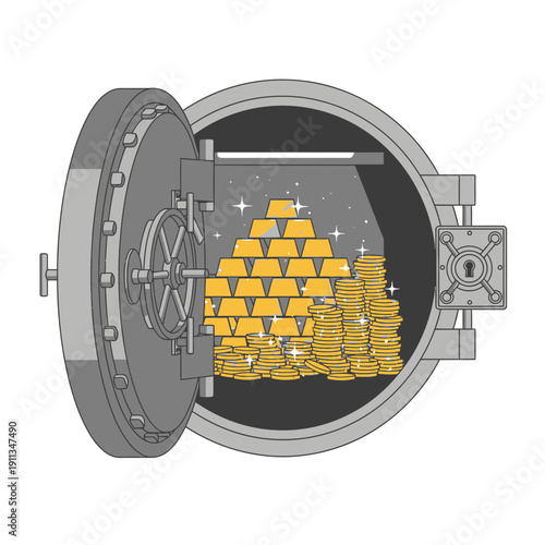 Safe vault door open with gold inside for wealth storage, banking security and asset protection.