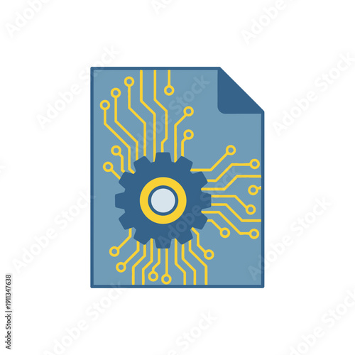 Smart contract icon with gear and circuit lines for blockchain agreement and automation.