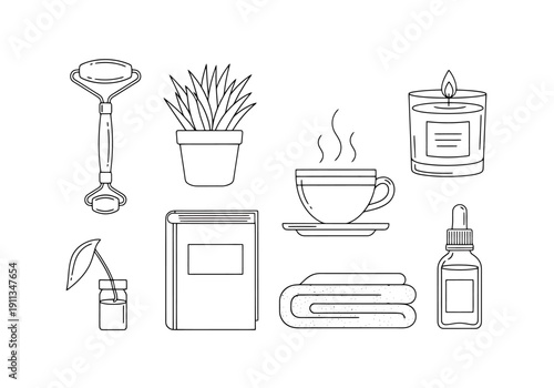 Collection of Wellness and Self Care Items Including Jade Roller Plant Pot Hot Drink Candle And Essential Oil Bottle For Relaxation And Pampering