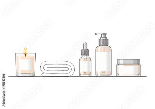 Pampering spa and wellness items including a lit candle folded towel serum bottle lotion dispenser and cream jar arranged on a clean shelf for a