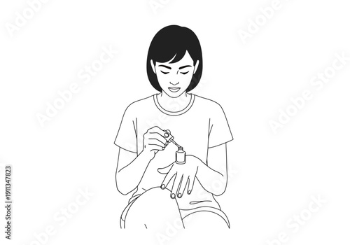 Person applying nail polish to fingernails for hand care and beauty self application routine at home using cosmetic lacquer product