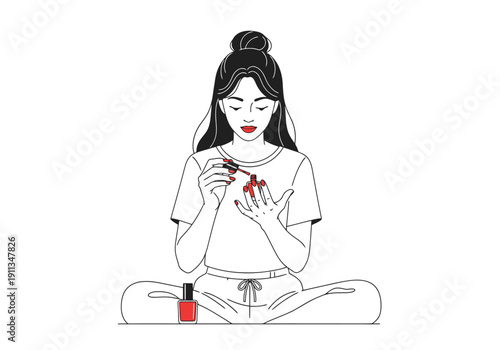 Young Woman Applying Red Nail Polish to Fingers While Sitting and Holding Bottle for Hand Care Routine Beauty Session