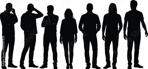 Diverse group of seven people silhouettes standing in a row, business team or casual friends community, human figures isolated on white