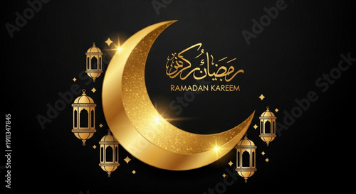 Gold crescent moon with lanterns and arabic calligraphy on black background for ramadan kareem celebration