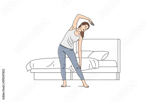 Woman Performing Gentle Morning Stretching Exercise Next To Bed For Healthy Lifestyle Activity And Wellness
