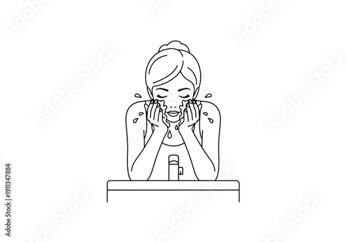 Woman washing face with water splashing on her skin at a sink in a clean simple line art style for cosmetic advertisement and beauty routine concepts