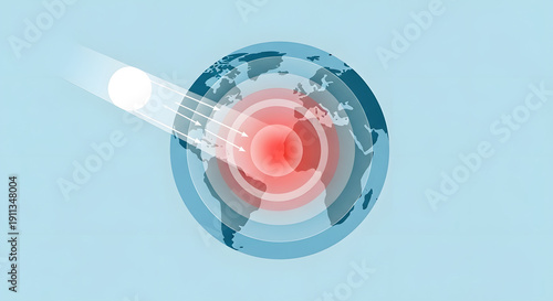 Global warming illustration sun's rays impacting Earth with concentric red circles indicating heat intensity