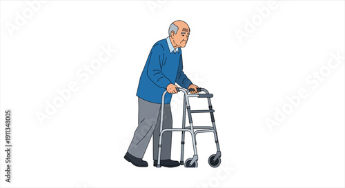 Senior with Walking Aid – Elderly Care, Rehabilitation and Healthcare Support Illustration