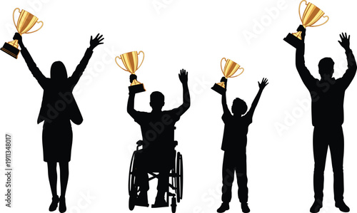 Diverse group silhouettes including person in wheelchair holding golden trophies celebrating success achievement unity and inclusive victory in a team competition