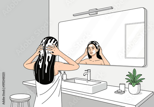 Woman applying hair treatment and facial mask in a modern bathroom hygiene routine reflection in mirror overhead light reflection over sink counter