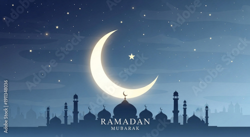 Ramadan mubarak greeting with crescent moon and mosque silhouette at night