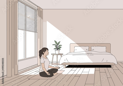 Woman practicing meditation peacefully in a sunlit bedroom on a yoga mat beside a bed and window