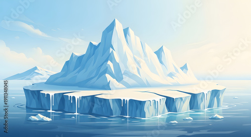 A majestic and colossal iceberg dramatically rises from the tranquil, crystal-clear arctic waters under a serene sky, portraying the pristine and untouched beauty of polar glacial landscapes