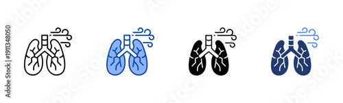 Pulmonology  Solid color and black line drawing vector illustration set