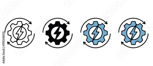 Energy production icon set multiple style collection, vector icons representing solar, wind, hydro, nuclear, and fossil fuel power generation