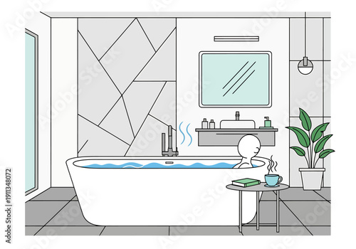 Modern Bathroom Relaxation Scene With Person Enjoying Warm Bath And Steam Rising From Water With Contemporary Design Elements And Green Plant