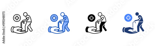 Geriatrics  Solid color and black line drawing vector illustration set