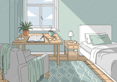 Cozy Bedroom Interior Scene With Natural Light Streaming Through Window Onto Bed Desk And Armchair