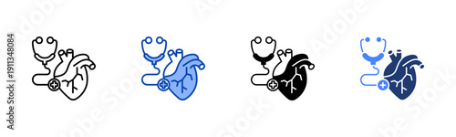 Cardiology  Solid color and black line drawing vector illustration set