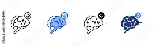 Neurology  Solid color and black line drawing vector illustration set