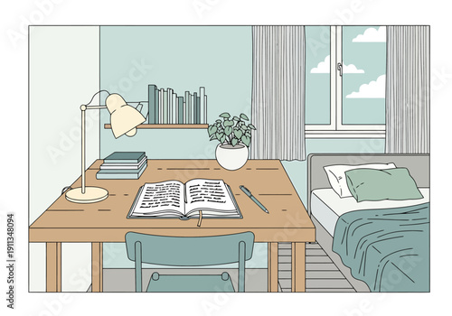 Cozy Dormitory Room Interior With Bed Desk Lamp Books Plant Window View And Studying Atmosphere For Young Adults And Students