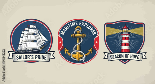 Vintage Maritime Explorer Badges Set with Sailor's Pride Ship and Beacon of Hope Lighthouse Emblems on Light Background