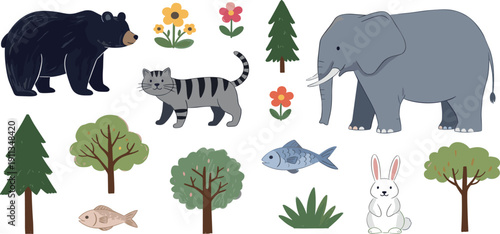 Diverse wildlife illustration featuring animals and plants in a forest ecosystem viewed from above